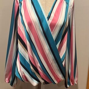 NWT - Striped V-Neck Blouse - Pink, Blue, and White
